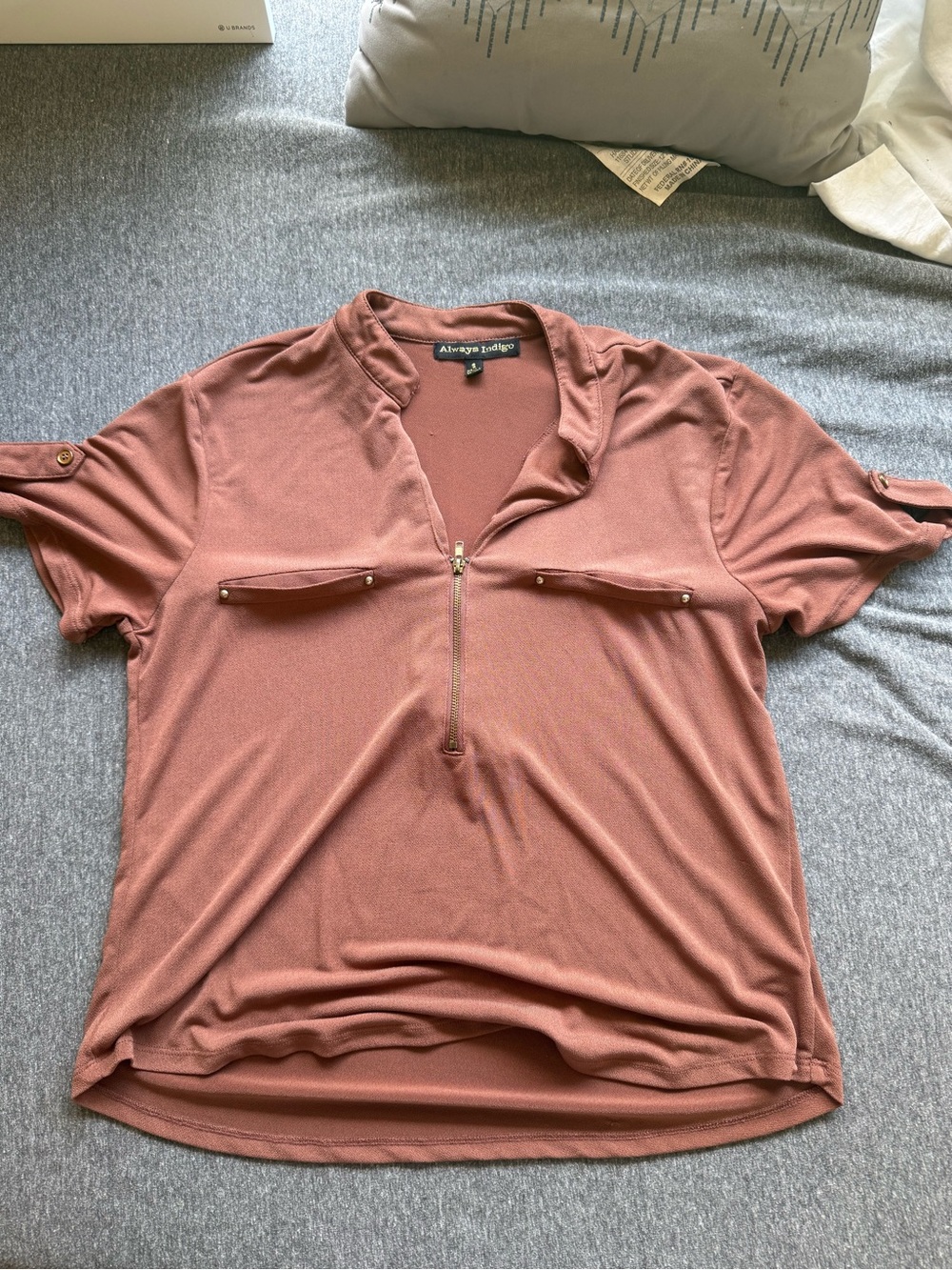Allegra K Rust Zip-Front Short Sleeve Blouse